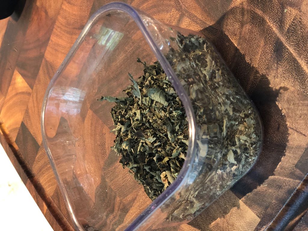Pull dried leaves off stems and store in a covered container.