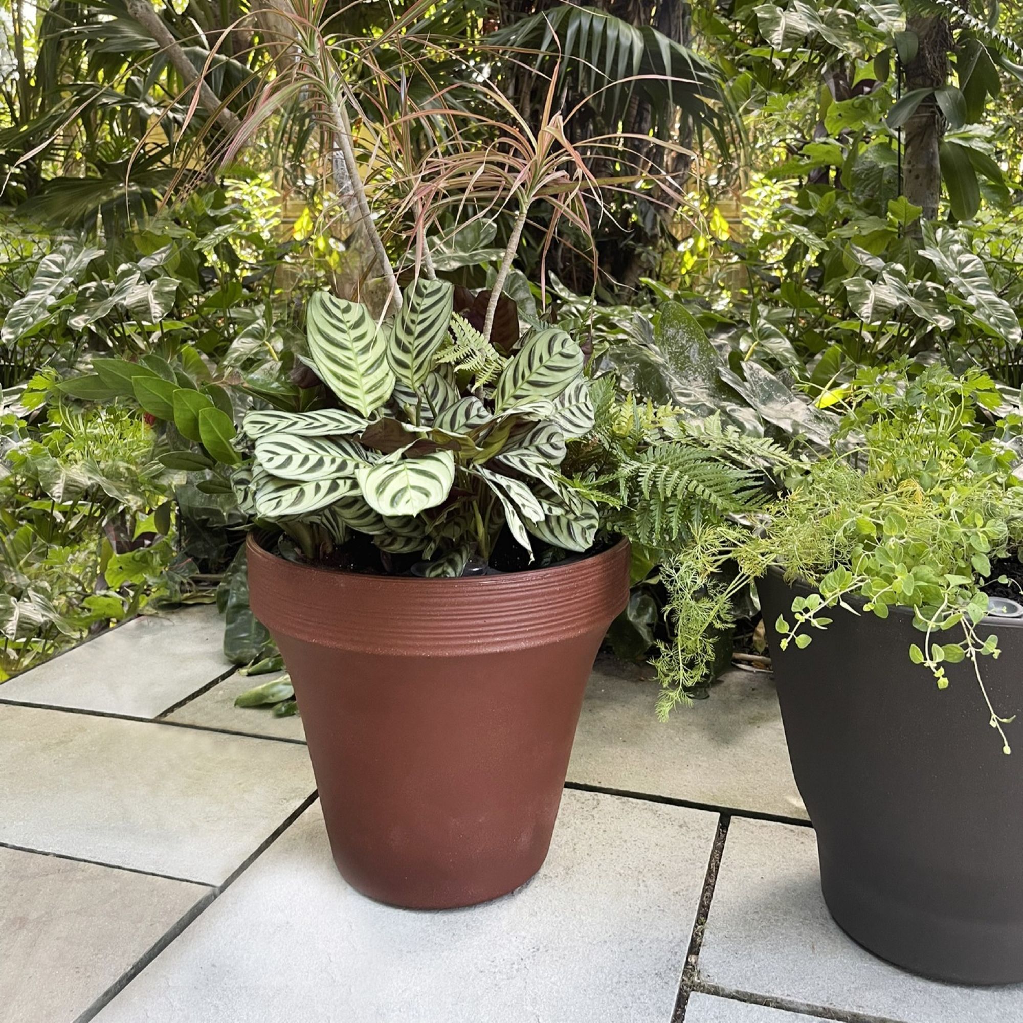 Crescent Too Circular Positive TruDrop Flex Planters on patio - Ridge in color Autumn and Step in color Bedrock