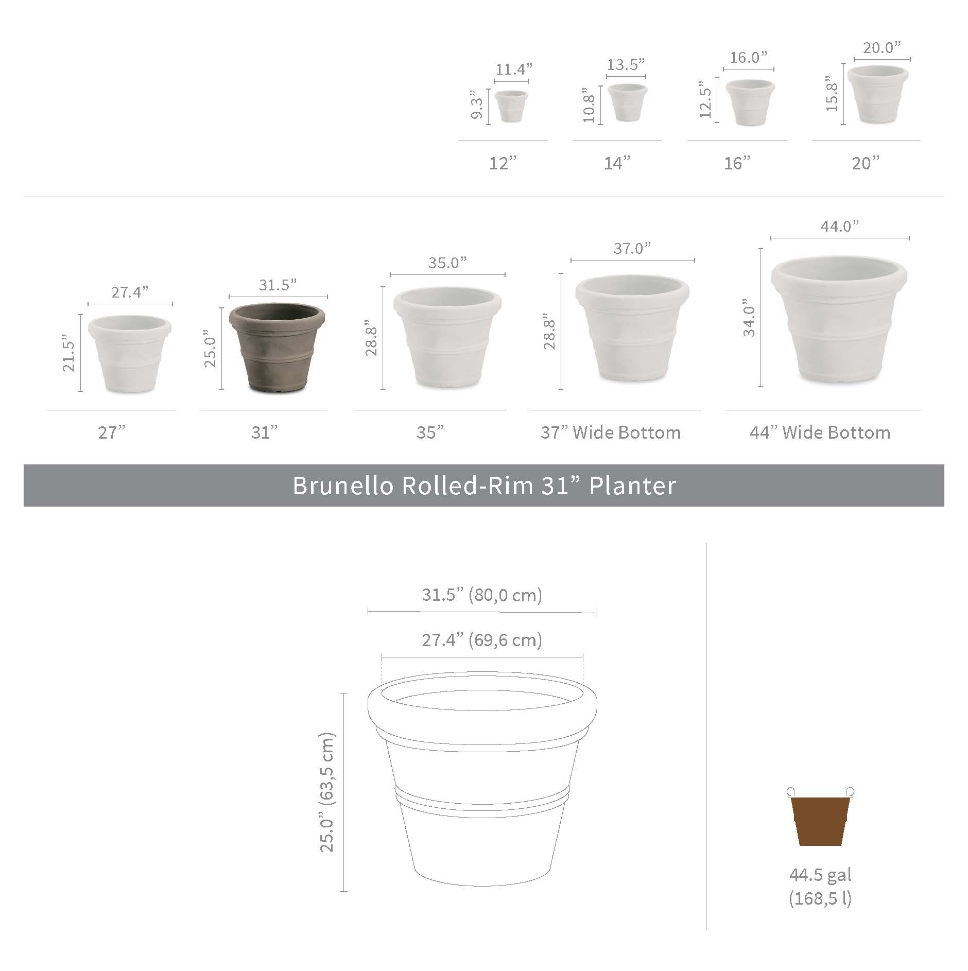 Brunello Rolled Rim 31" Planter