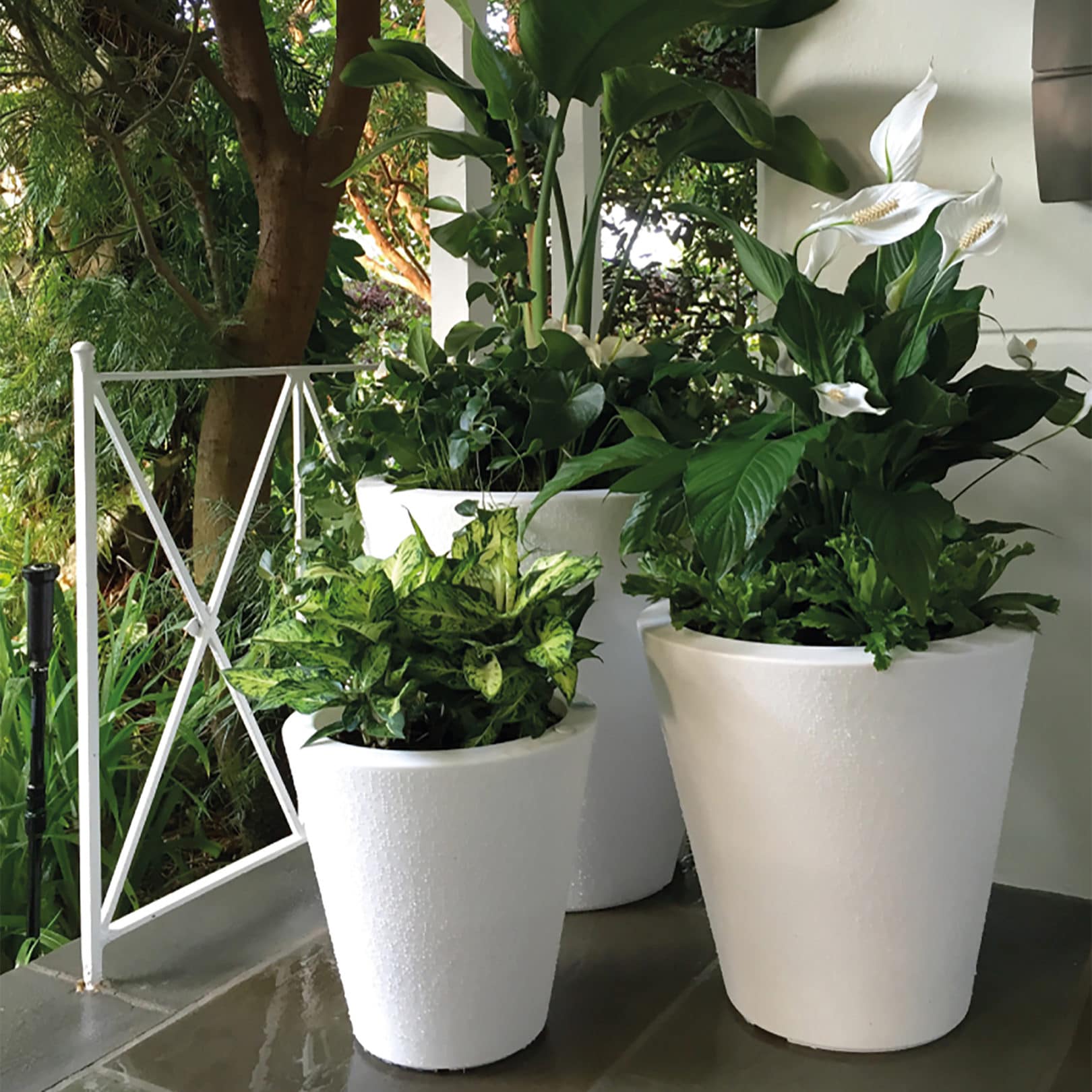 Front Porch with trio of Dot Planters