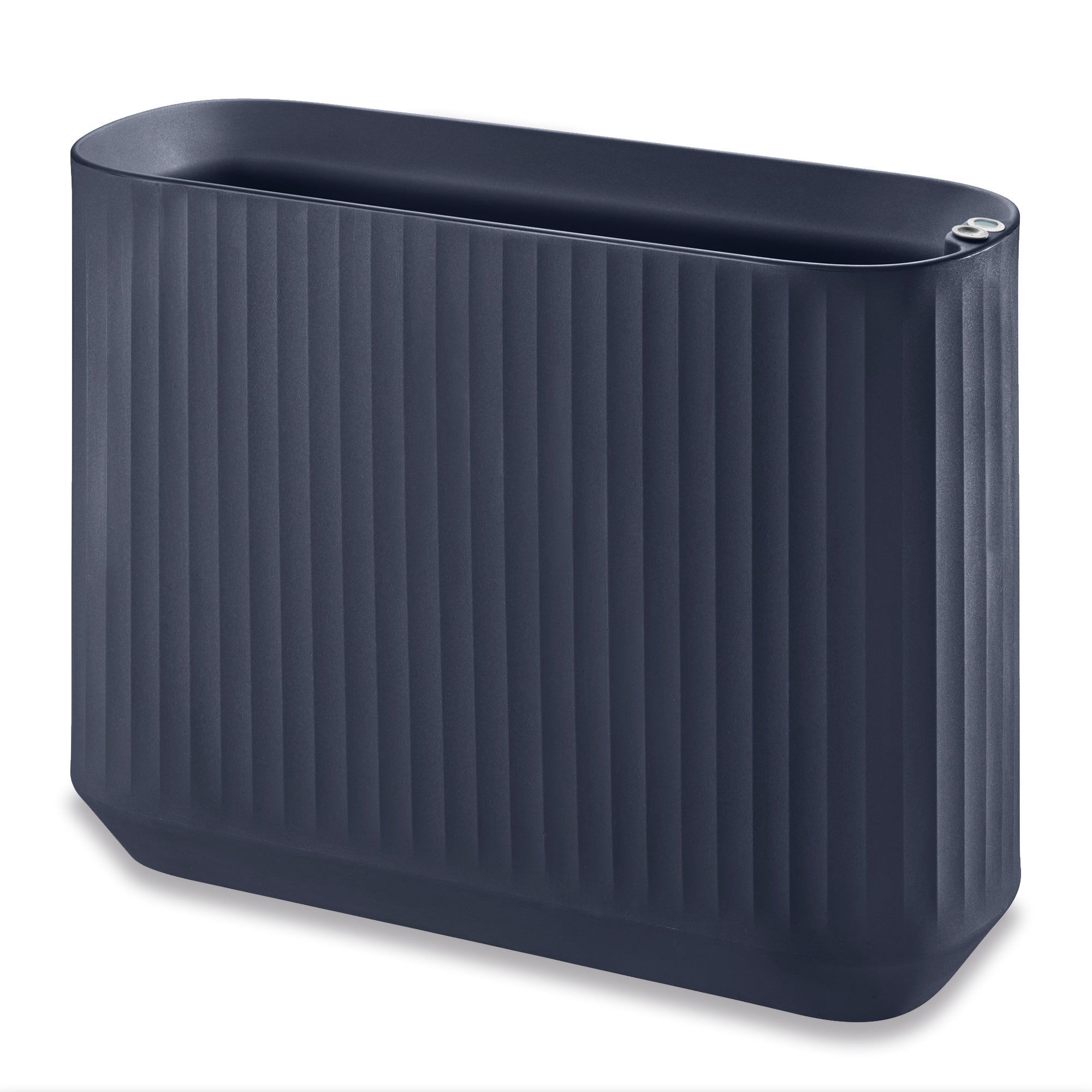 mod 40 inch tall narrow in midnight blue – Tall narrow midnight blue ribbed planter, angled view