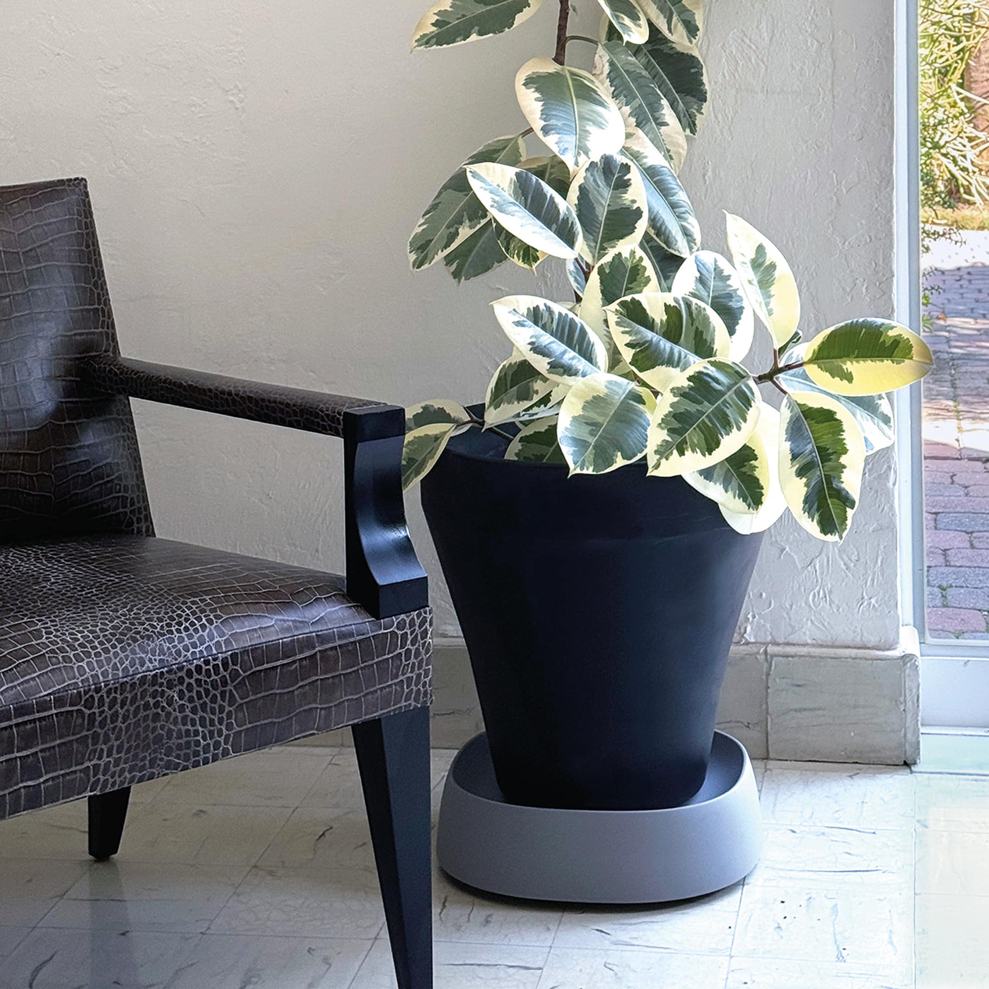 Crescent Garden TruDrop Rim planter on a Crescent Garden Pebble Caddy