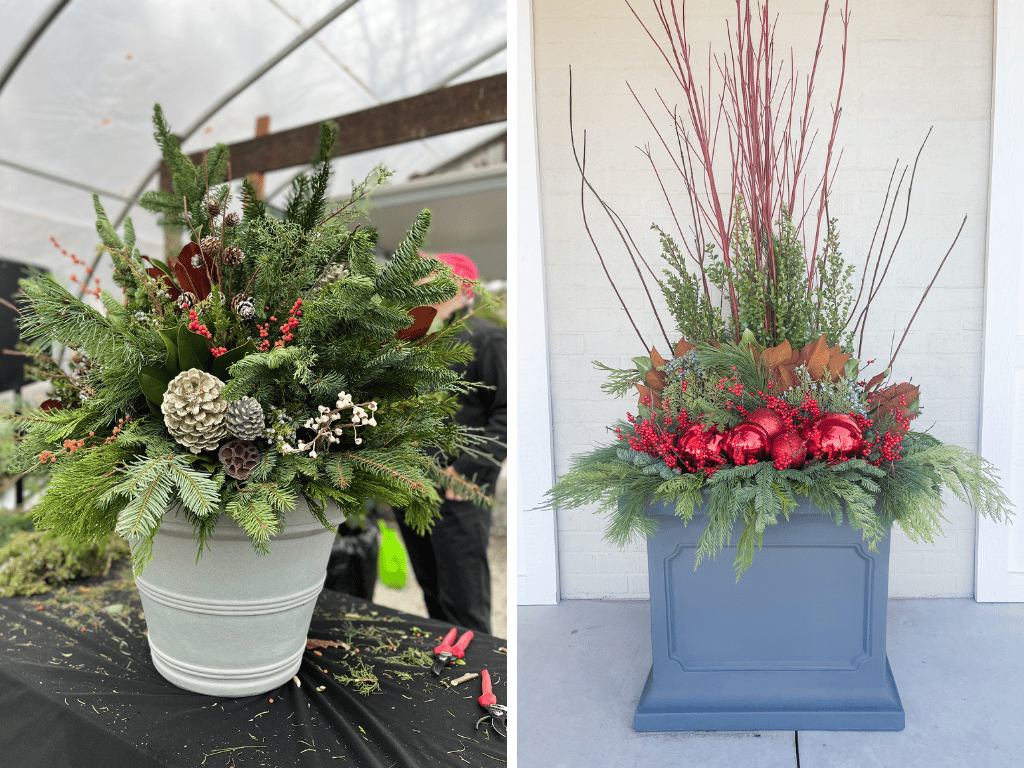 Brunello and Estate planters decorated for the holiday season.