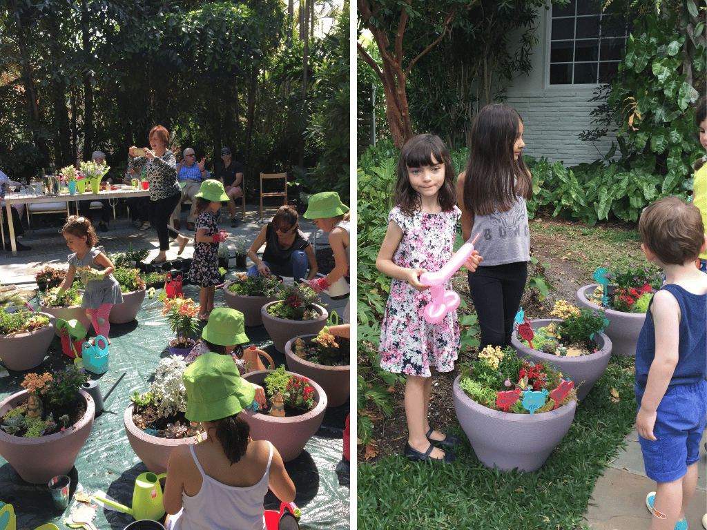 Kids gardening outdoors, creating their miniature gardens.