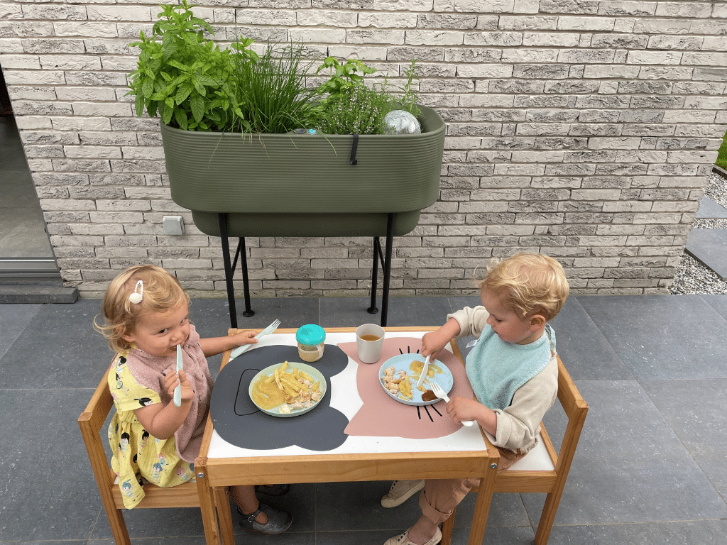 Children having lunch in front of planter.
