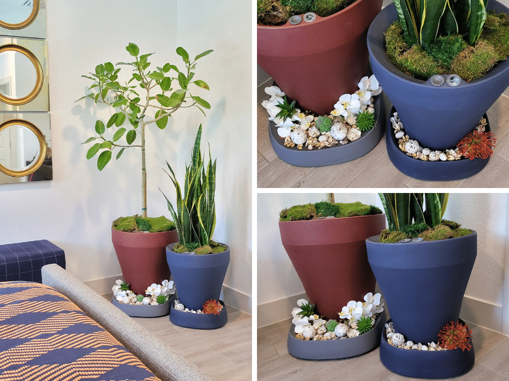 Decorate a plant caddy with different textures and colors.