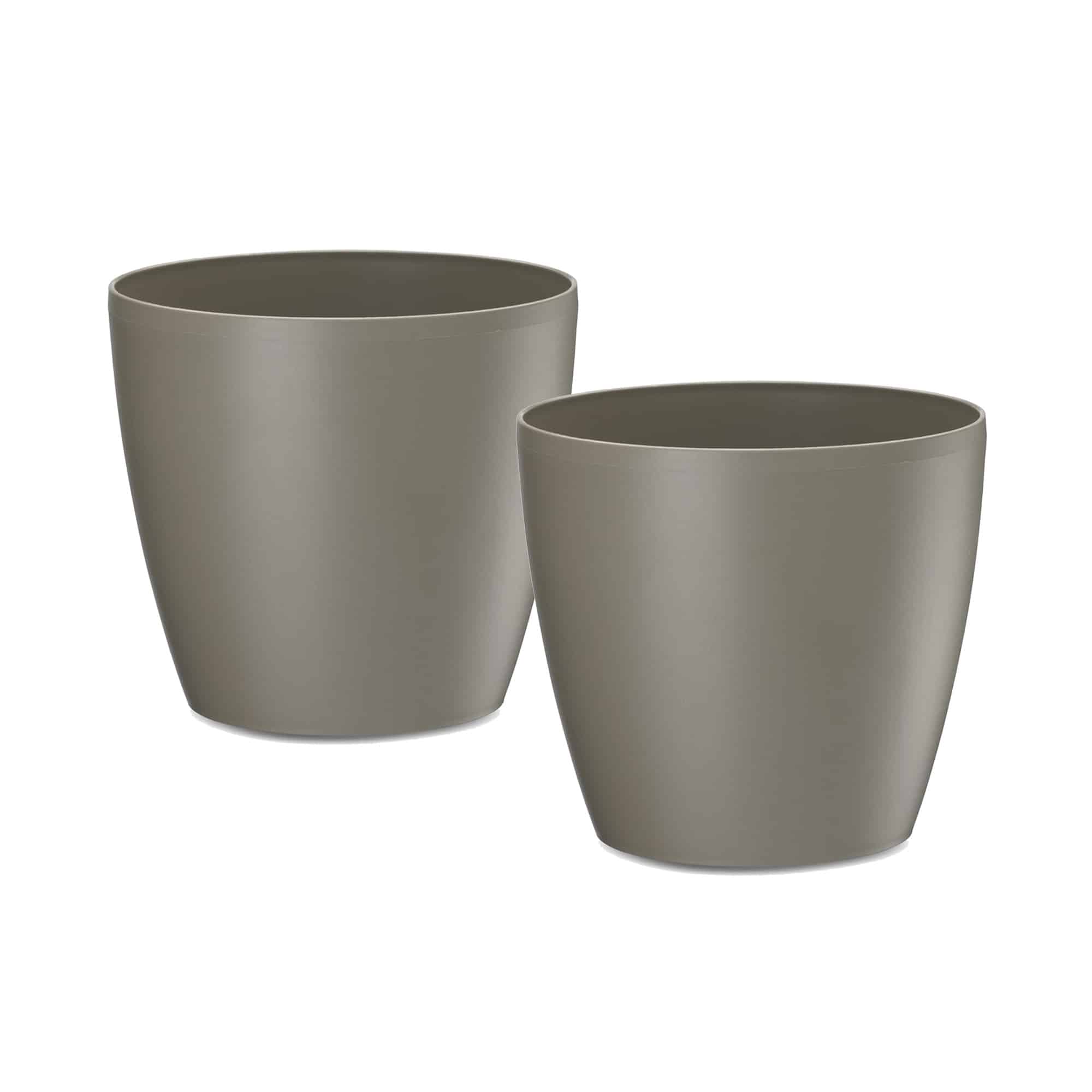 Eva Planter Latte x2 – Two taupe tapered round planters on white background