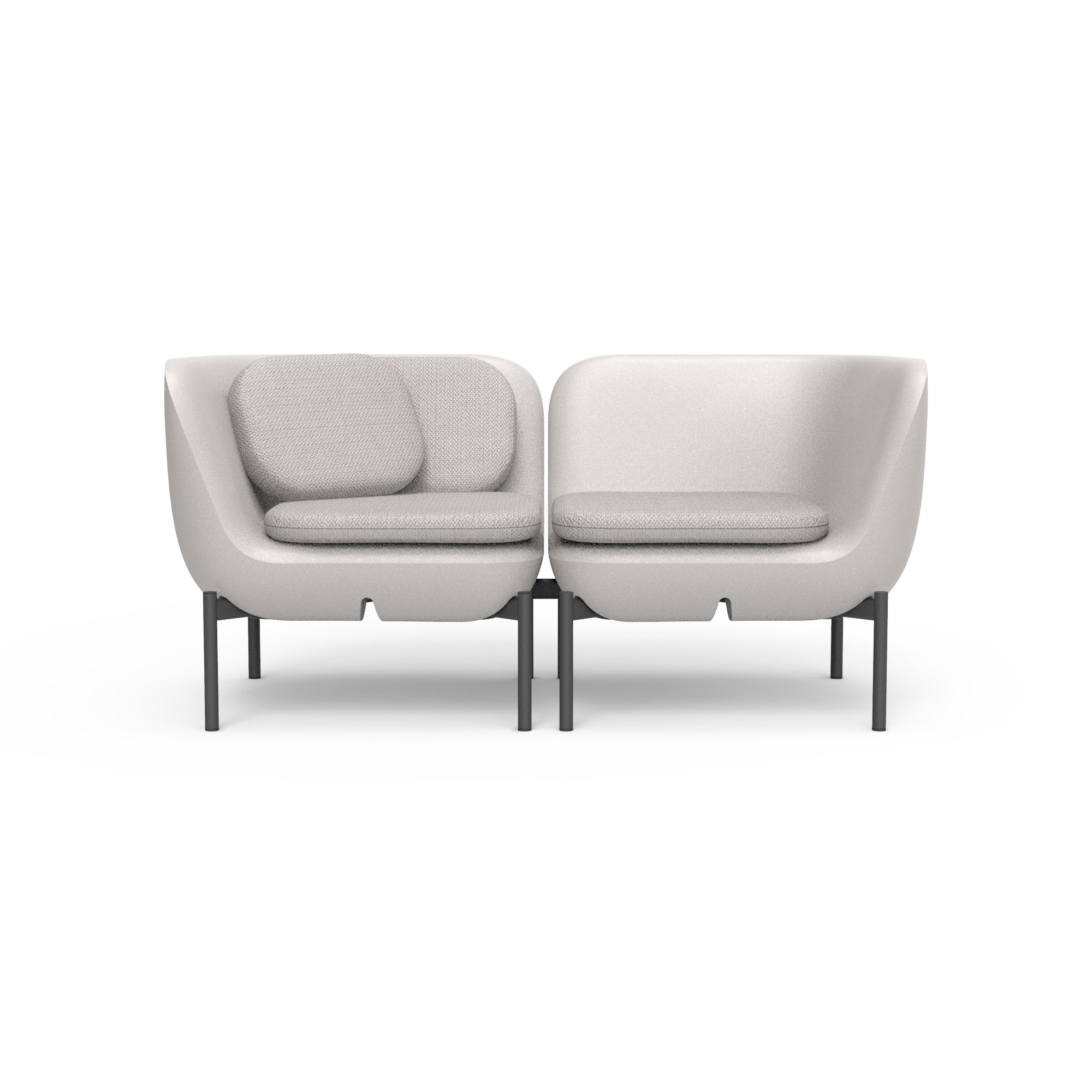 Pre-Configured-2-seater-Sofa-Parchment-Silver-Coated-Front – Two-seat outdoor sofa with light cushions and silver frame, front view