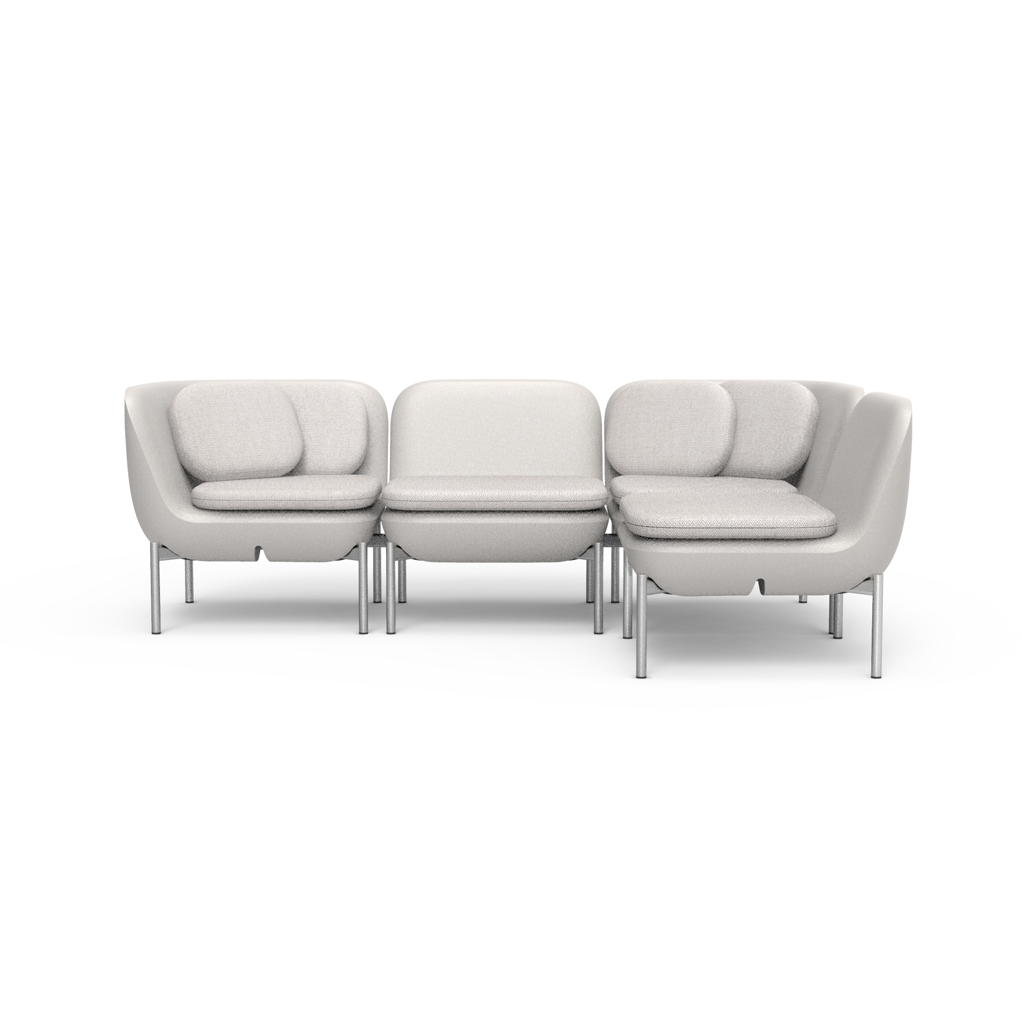 Pre-Configured-4-seater-Sofa-Parchment-Linen-Stainless-Front – Four-seat outdoor sofa with light cushions and metal frame, front view