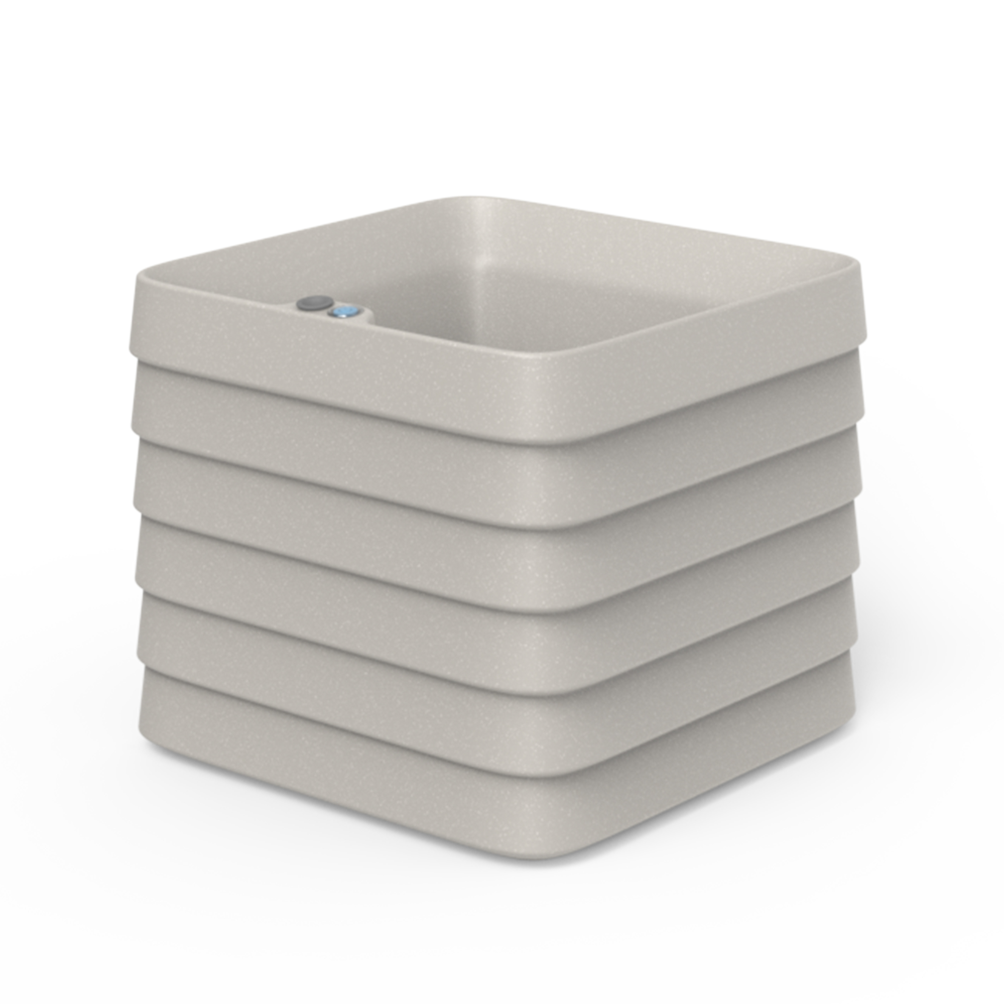 Gray square self-watering planter with ribbed horizontal bands and water level indicator