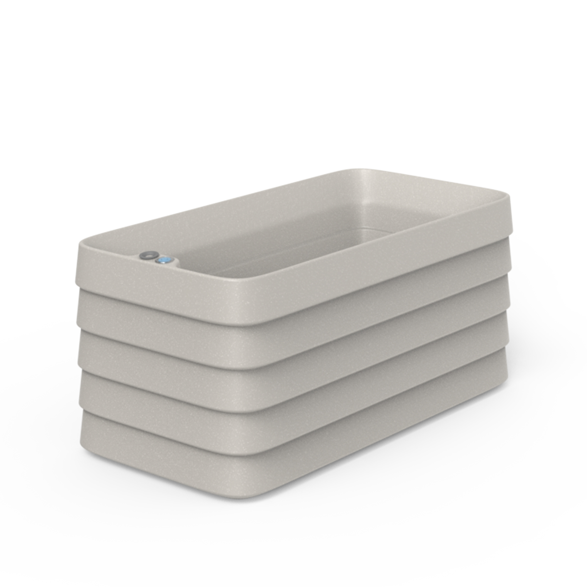 Gray rectangular self-watering planter with ribbed horizontal bands and water level indicator