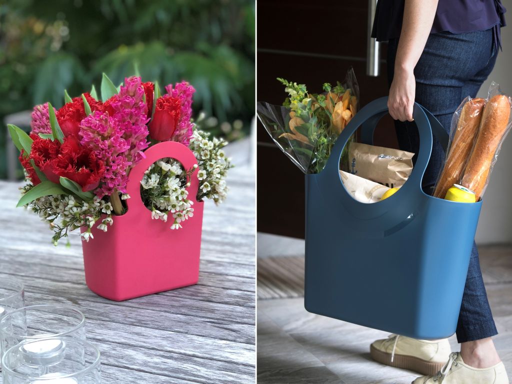 Gabrielle Bag in Strawberry with flowers and Gabrielle Bag in Denim with groceries.